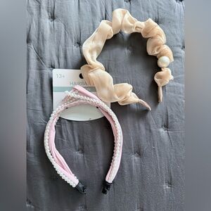 Pearl-Trim Pink Satin Headband & Beige Knotted Headband Set